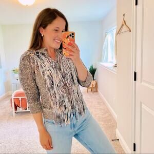 Byron Lars Beauty Mark Gray Silver Fringe Cardigan Sweater 2